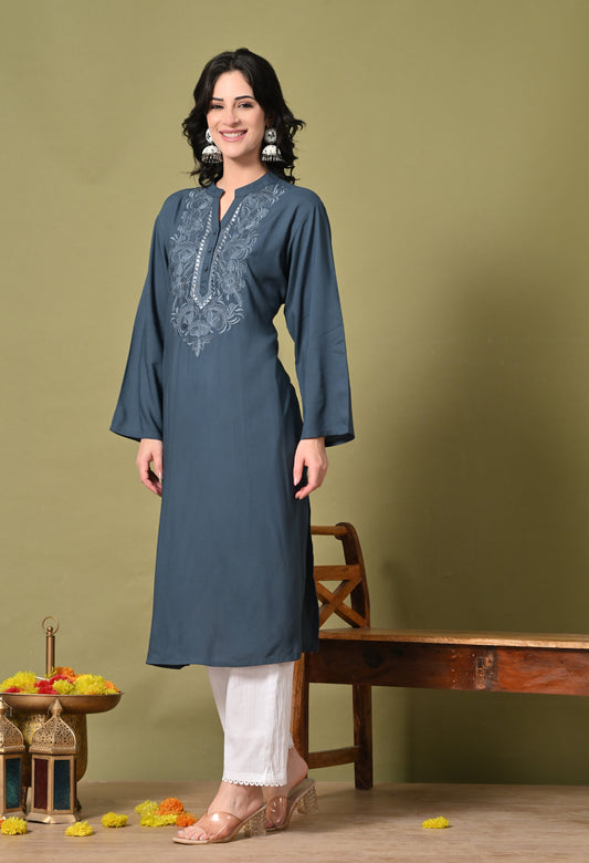Midnight Bloom Embroidered Rayon Kurta