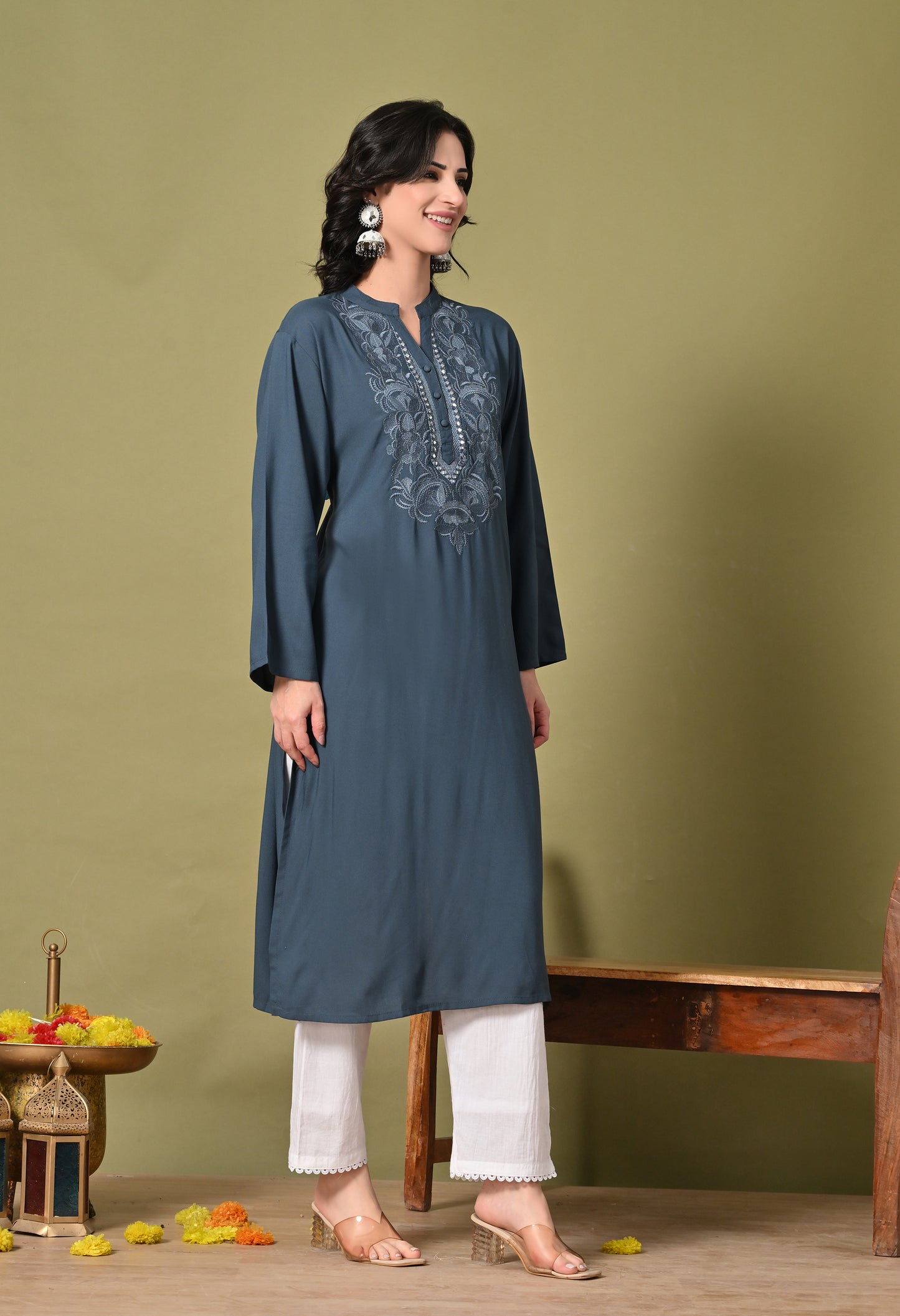Midnight Bloom Embroidered Rayon Kurta