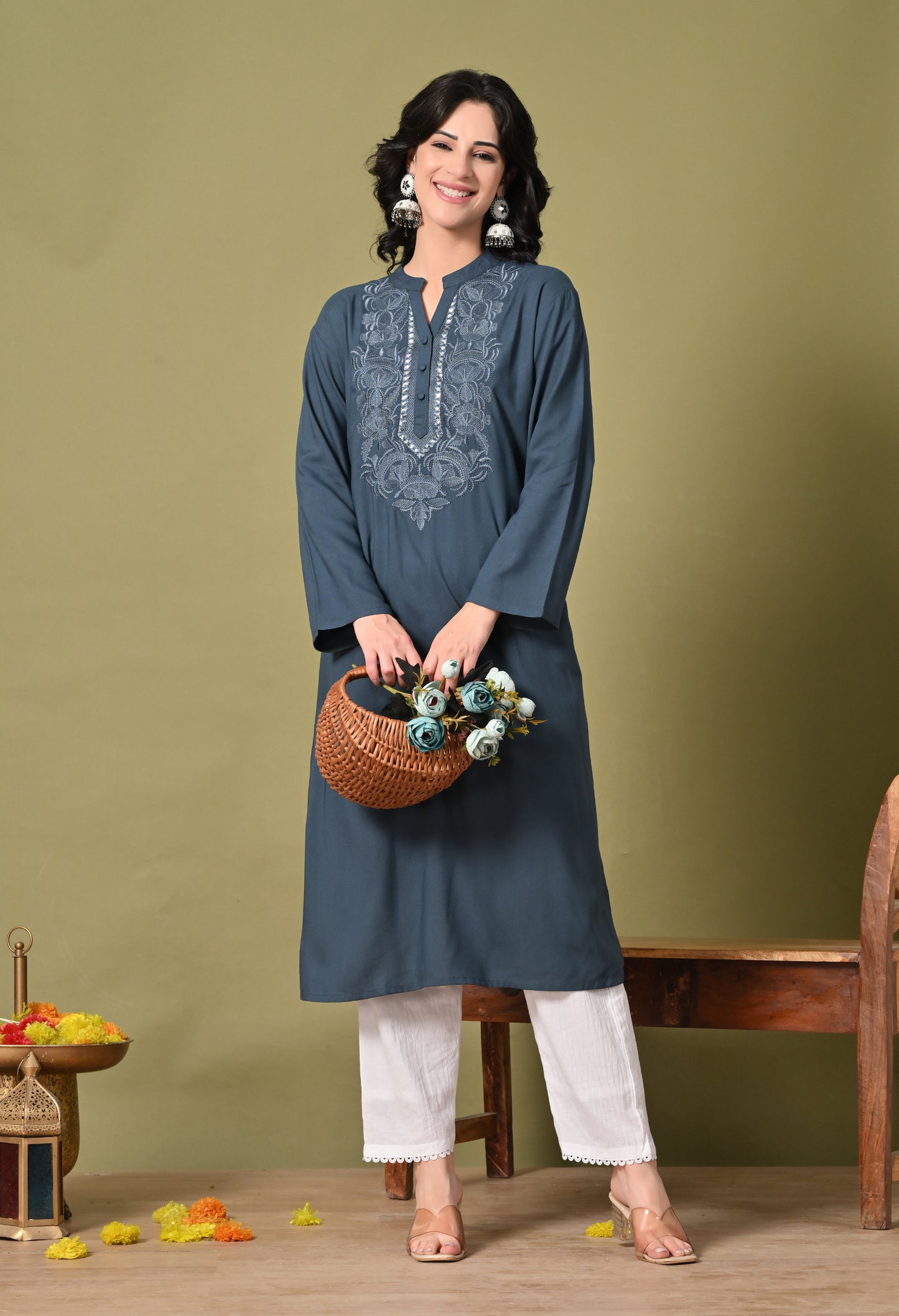 Midnight Bloom Embroidered Rayon Kurta