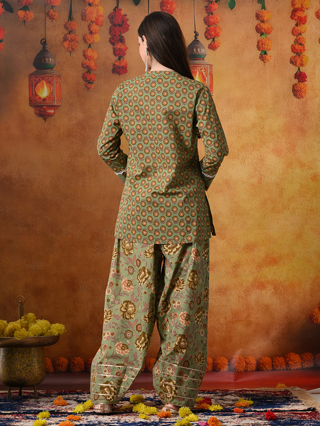 Olive Green Floral Handblock Print Cotton Farshi Salwar Suit Set