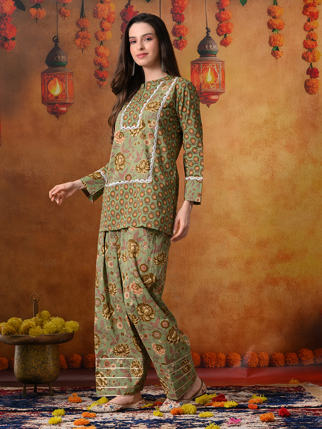 Olive Green Floral Handblock Print Cotton Farshi Salwar Suit Set