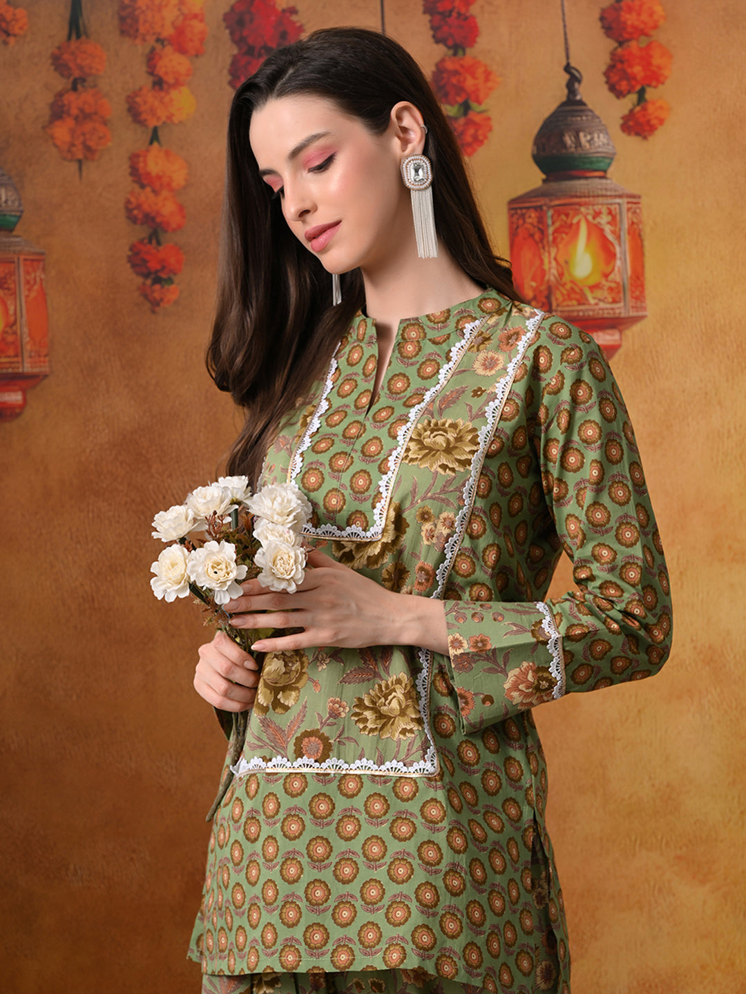 Olive Green Floral Handblock Print Cotton Farshi Salwar Suit Set