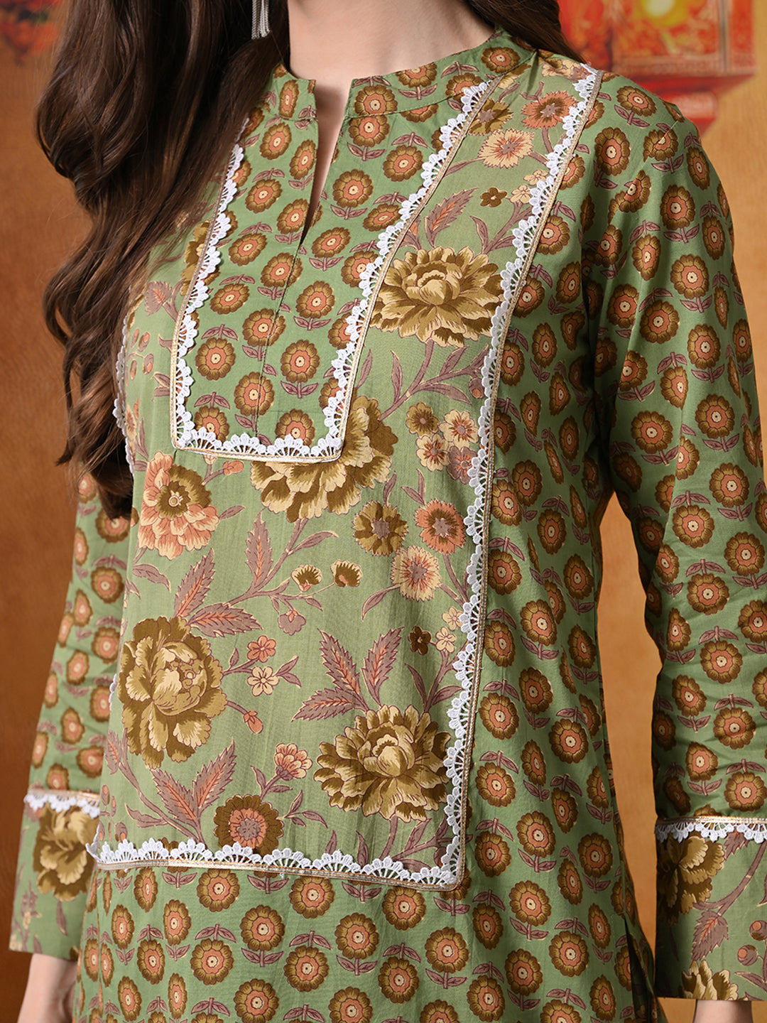 Olive Green Floral Handblock Print Cotton Farshi Salwar Suit Set