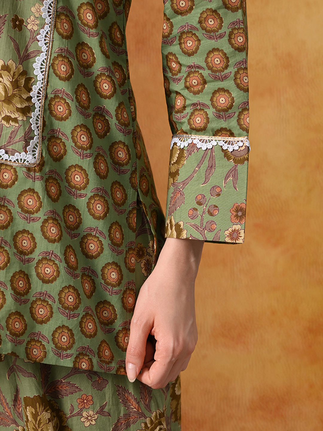 Olive Green Floral Handblock Print Cotton Farshi Salwar Suit Set