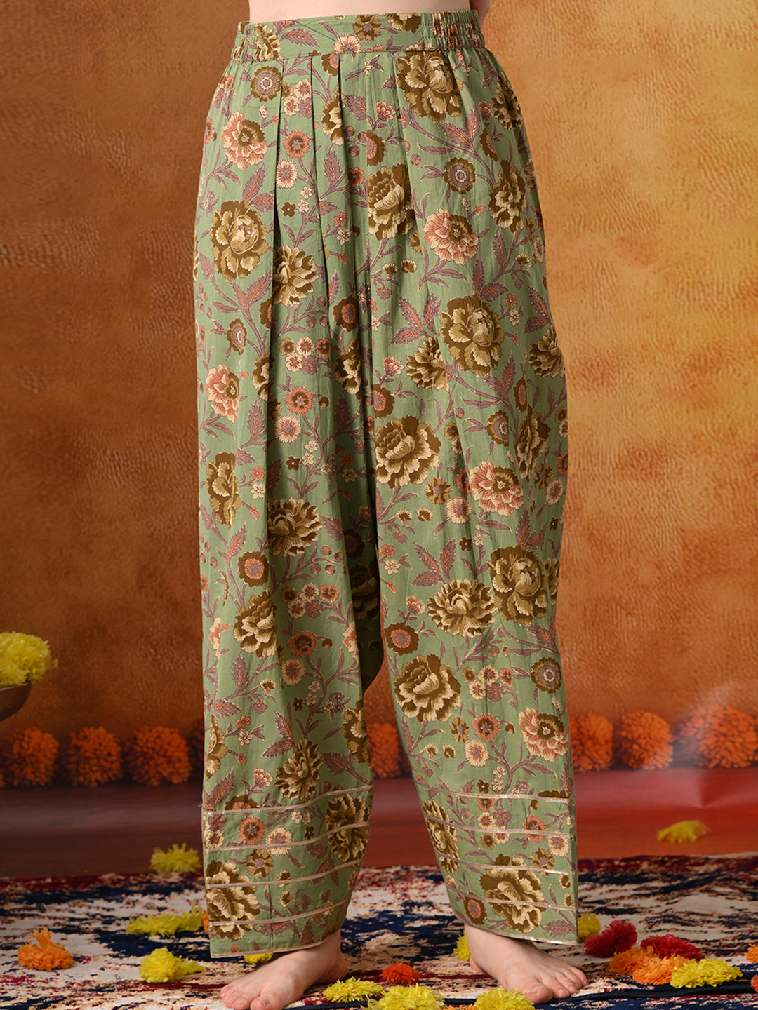 Olive Green Floral Handblock Print Cotton Farshi Salwar Suit Set