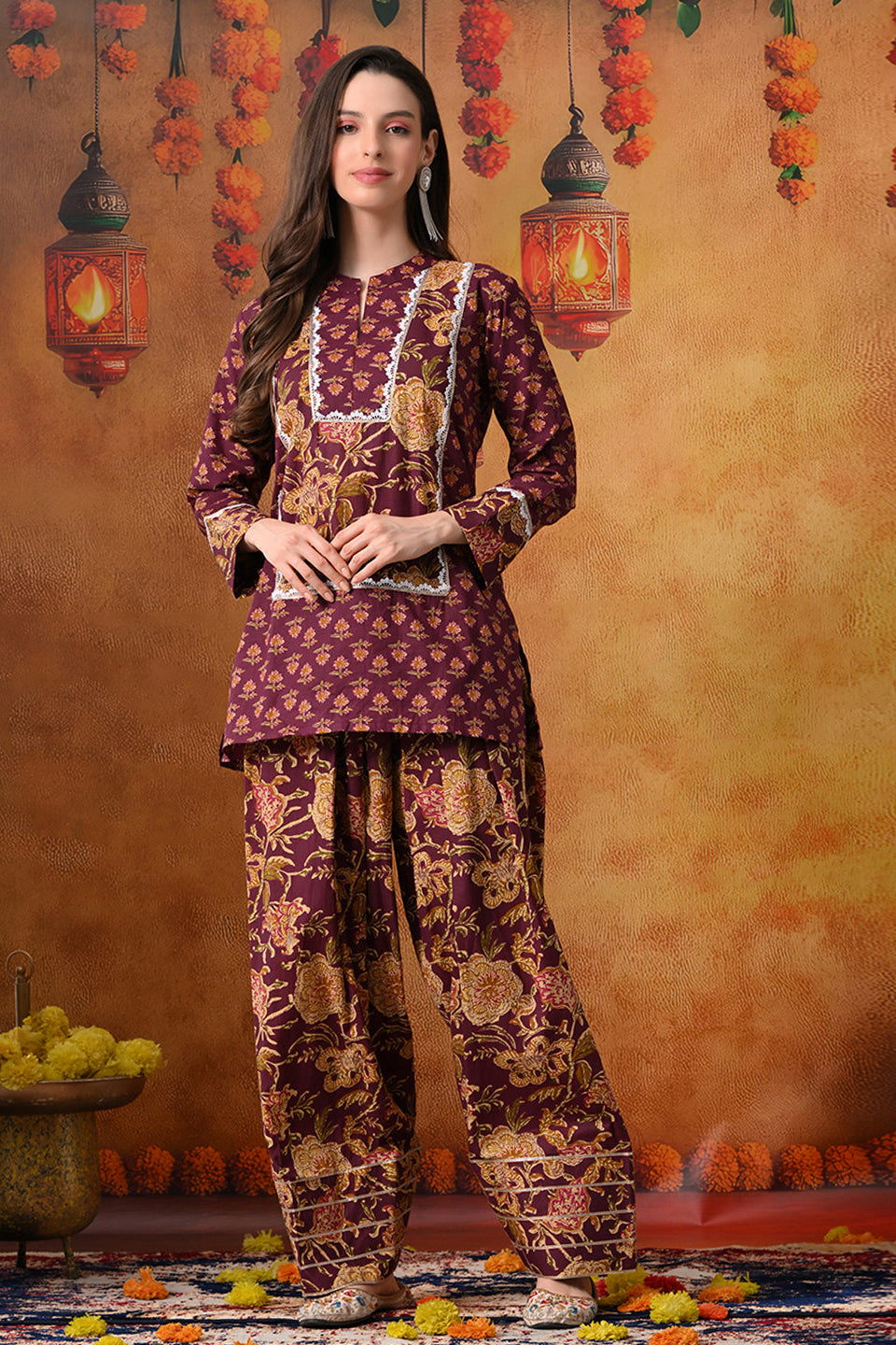 Plum & Mustard Floral Print Cotton Farshi Salwar Suit Set