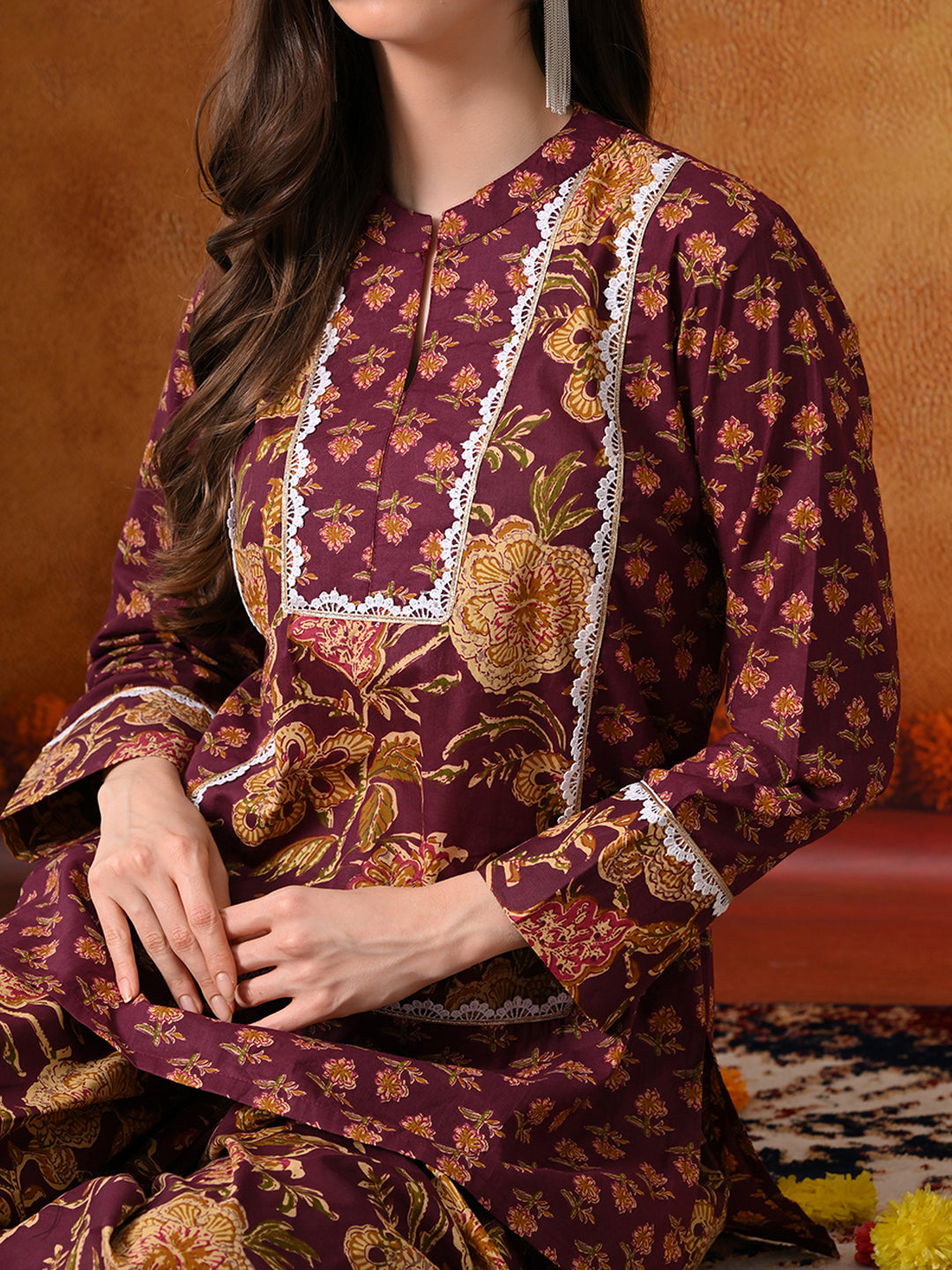 Plum & Mustard Floral Print Cotton Farshi Salwar Suit Set