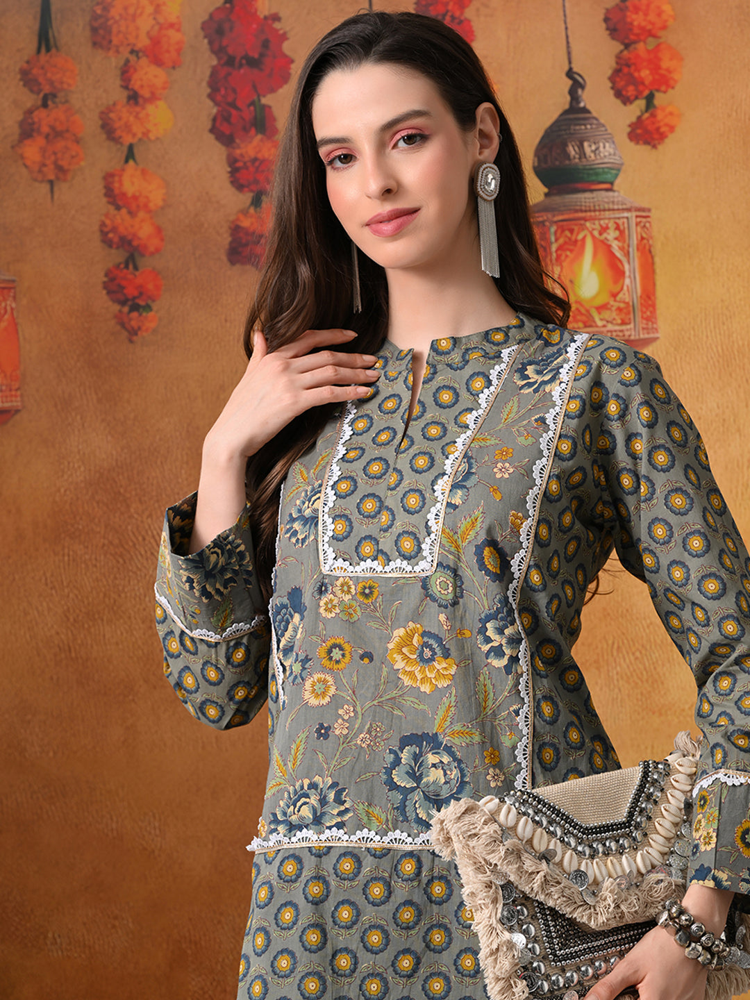 Slate Grey & Indigo Floral Print Cotton Farshi Salwar Suit Set