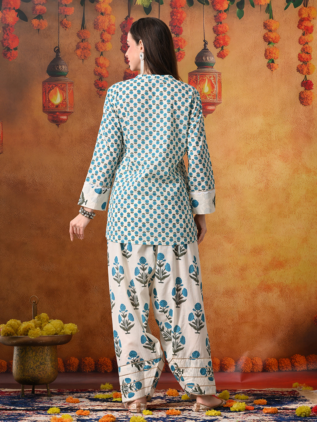 Ivory & Teal Floral Print Cotton Farshi Salwar Suit Set