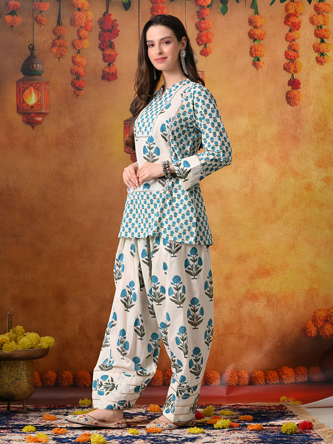 Ivory & Teal Floral Print Cotton Farshi Salwar Suit Set