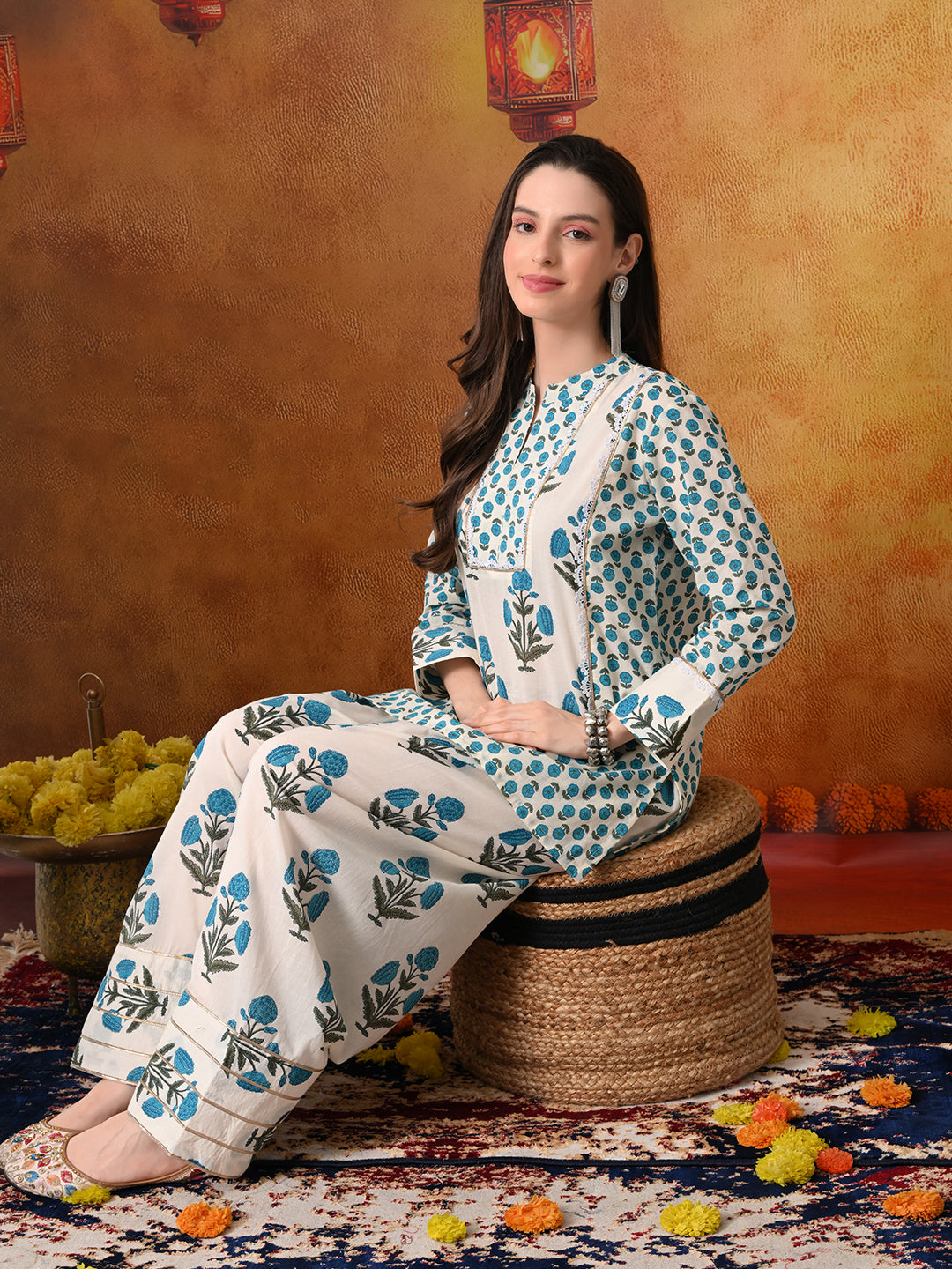 Ivory & Teal Floral Print Cotton Farshi Salwar Suit Set