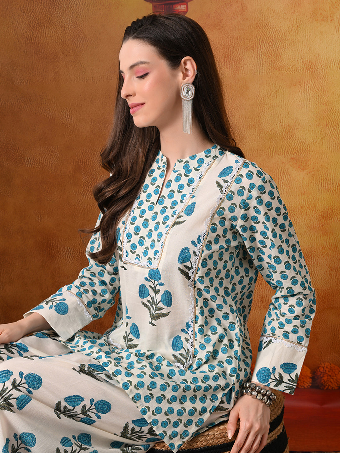 Ivory & Teal Floral Print Cotton Farshi Salwar Suit Set