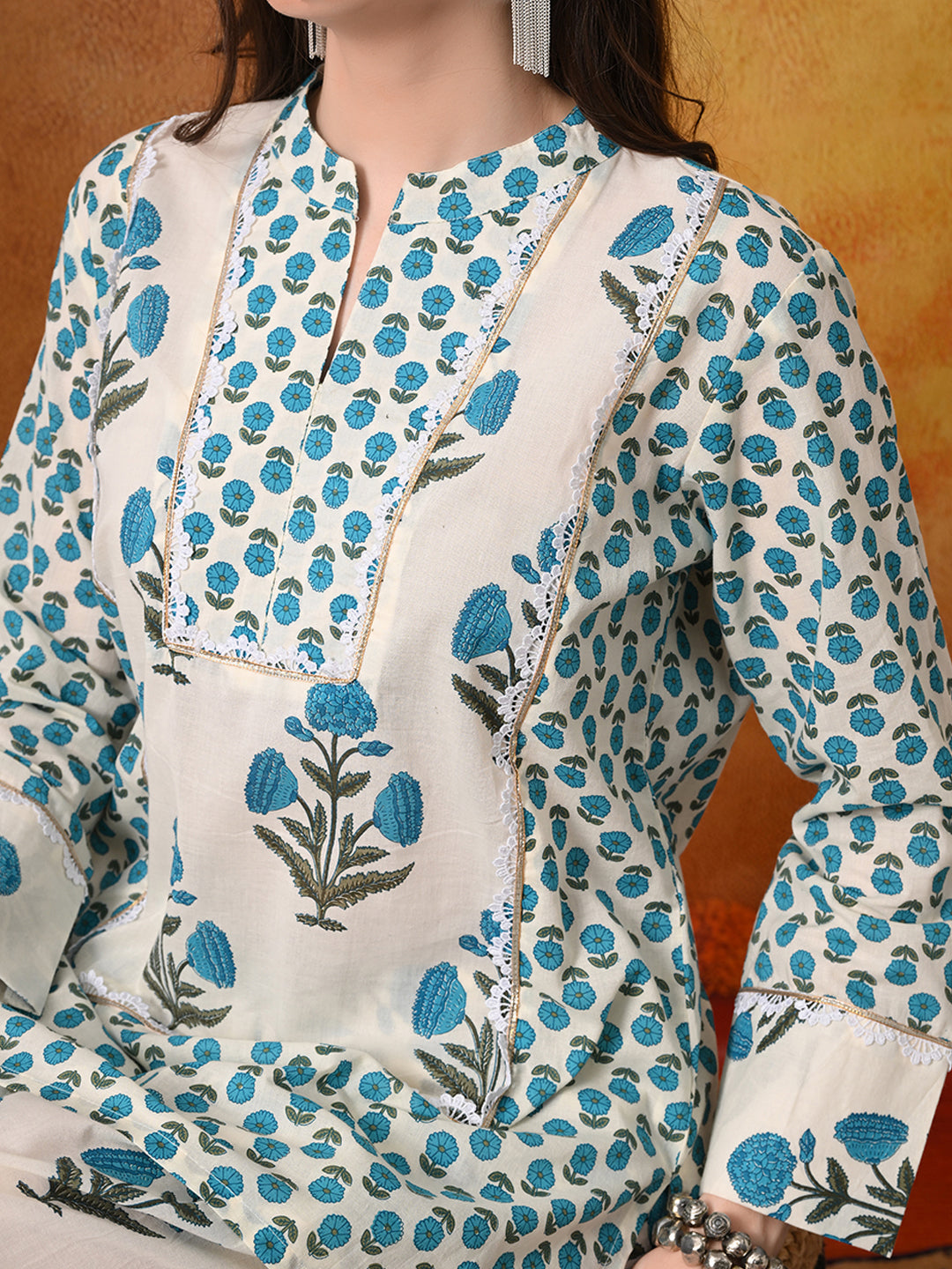 Ivory & Teal Floral Print Cotton Farshi Salwar Suit Set