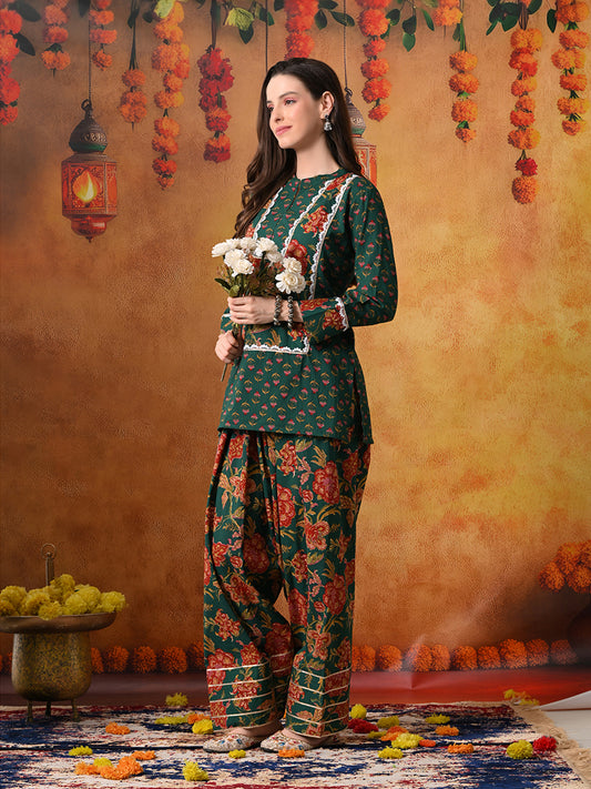Forest Green & Red Floral Print Cotton Farshi Salwar Suit Set