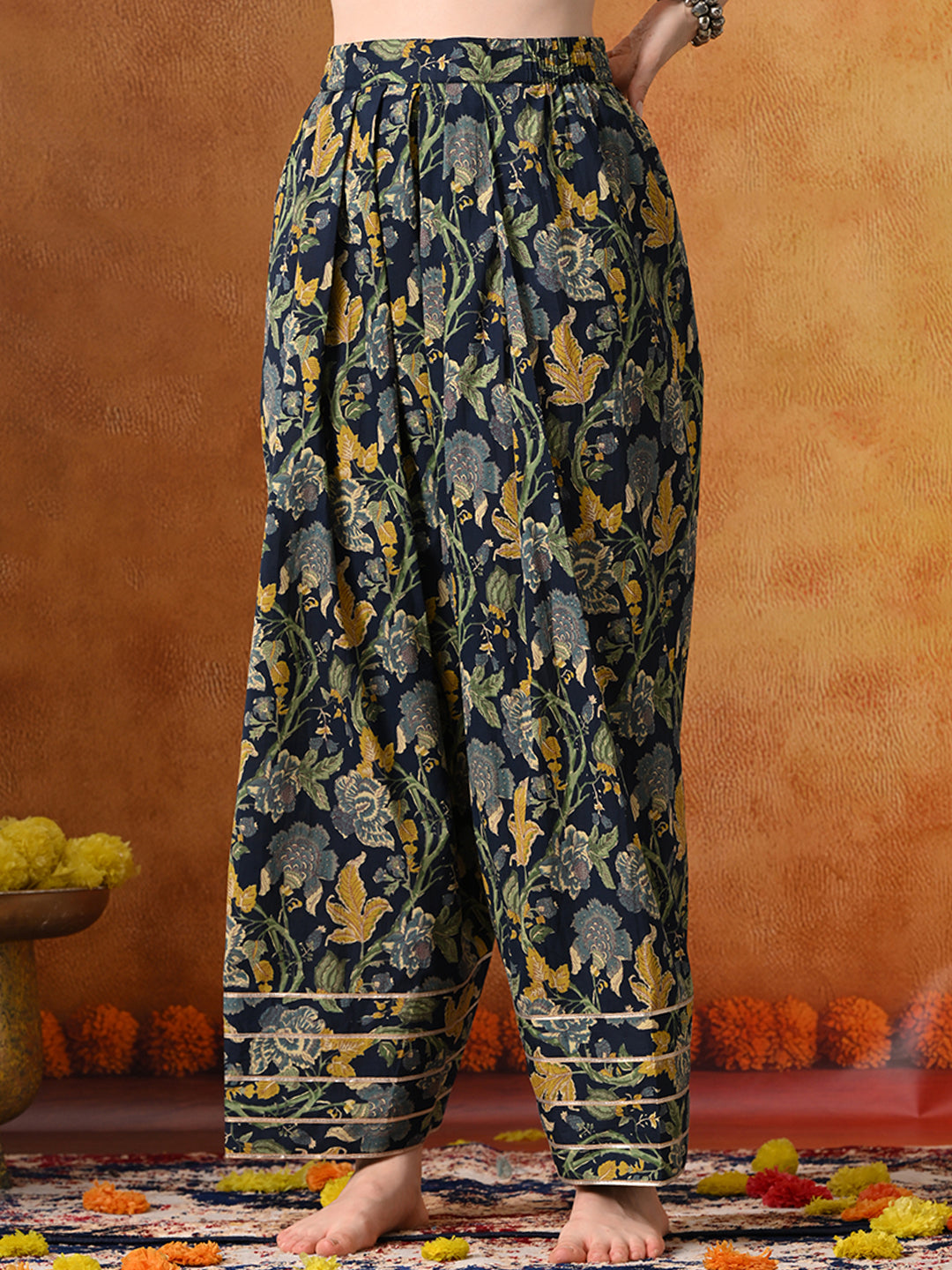 Midnight Blue & Gold Floral Print Cotton Farshi Salwar Suit Set