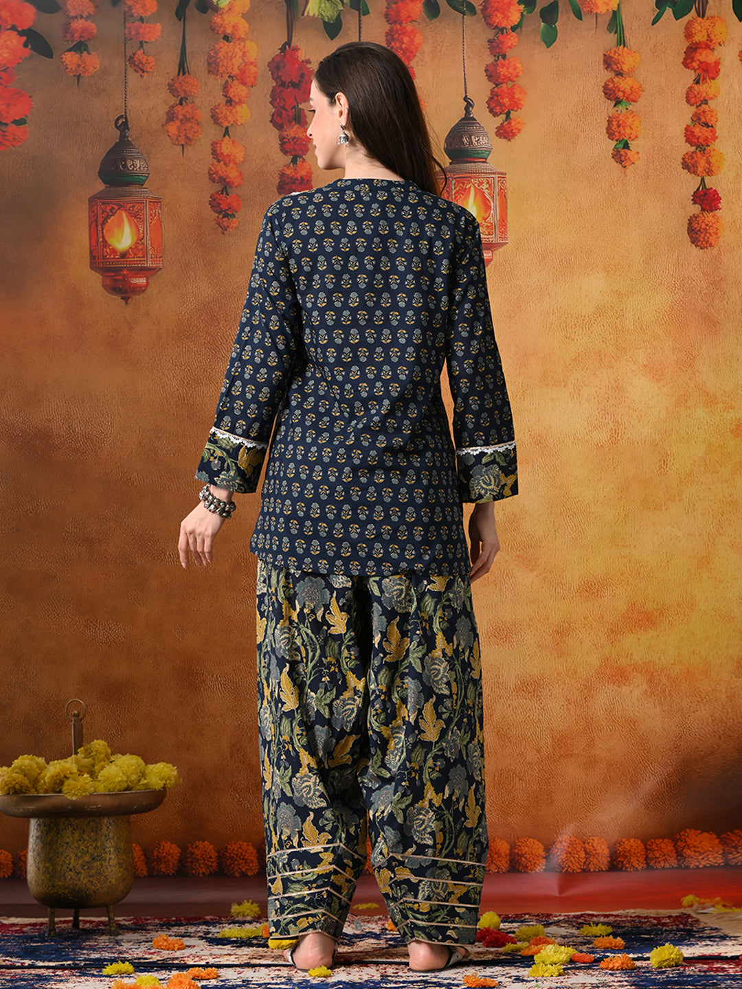 Midnight Blue & Gold Floral Print Cotton Farshi Salwar Suit Set