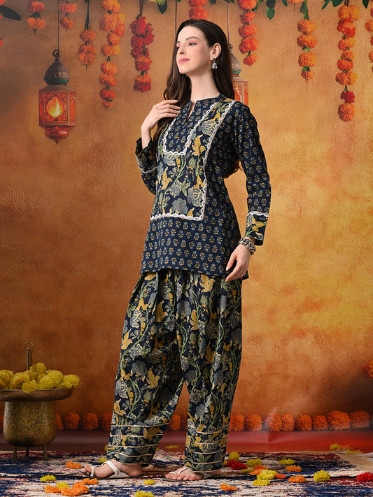 Midnight Blue & Gold Floral Print Cotton Farshi Salwar Suit Set