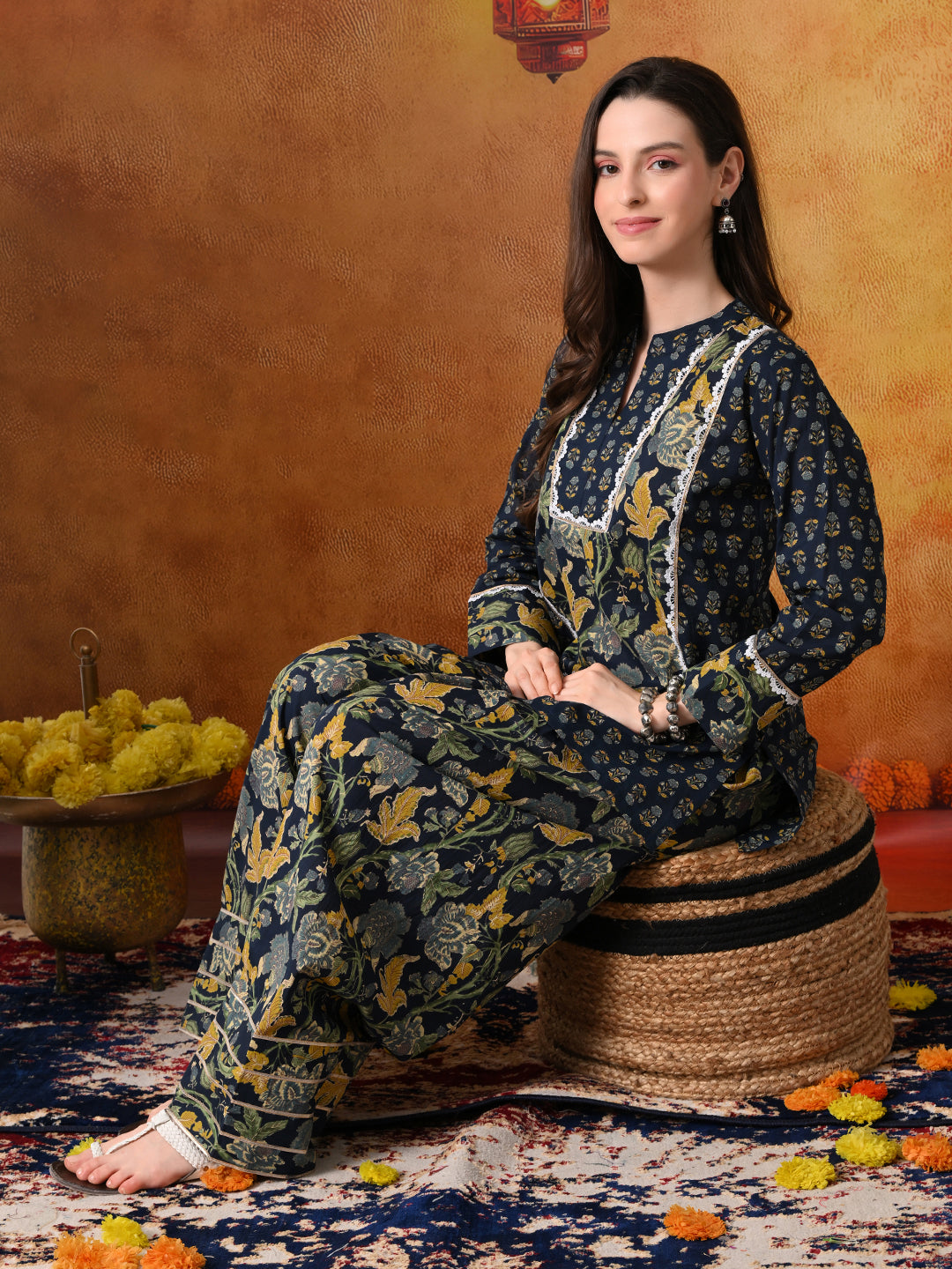 Midnight Blue & Gold Floral Print Cotton Farshi Salwar Suit Set
