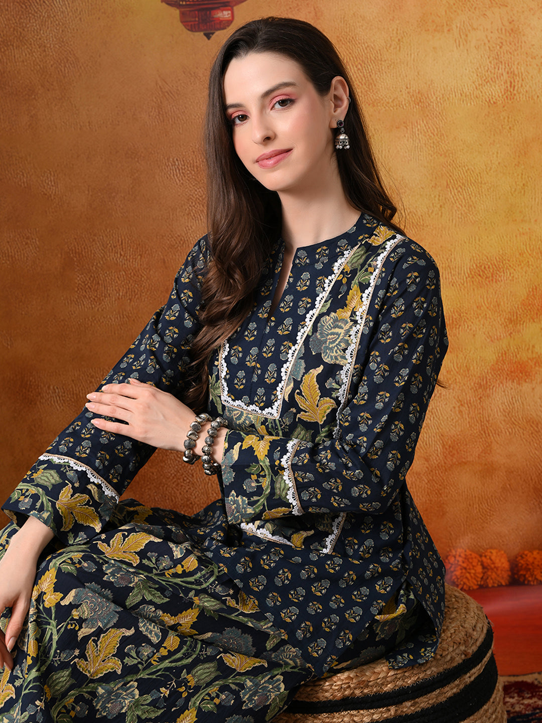 Midnight Blue & Gold Floral Print Cotton Farshi Salwar Suit Set