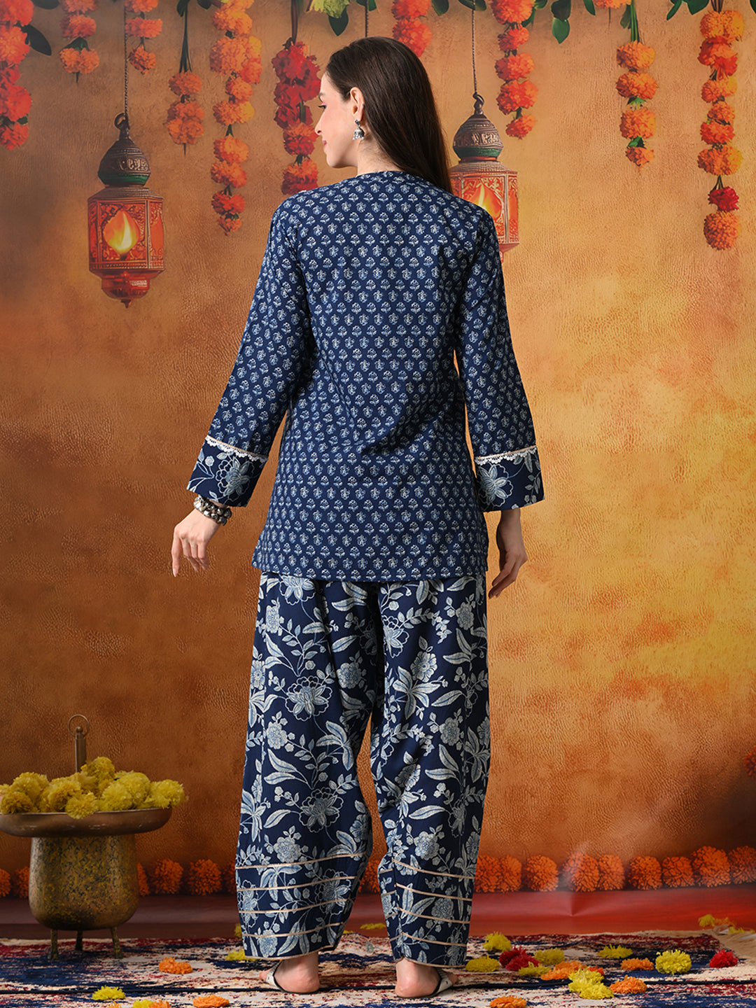 Indigo Blue Floral Print Cotton Farshi Salwar Suit Set