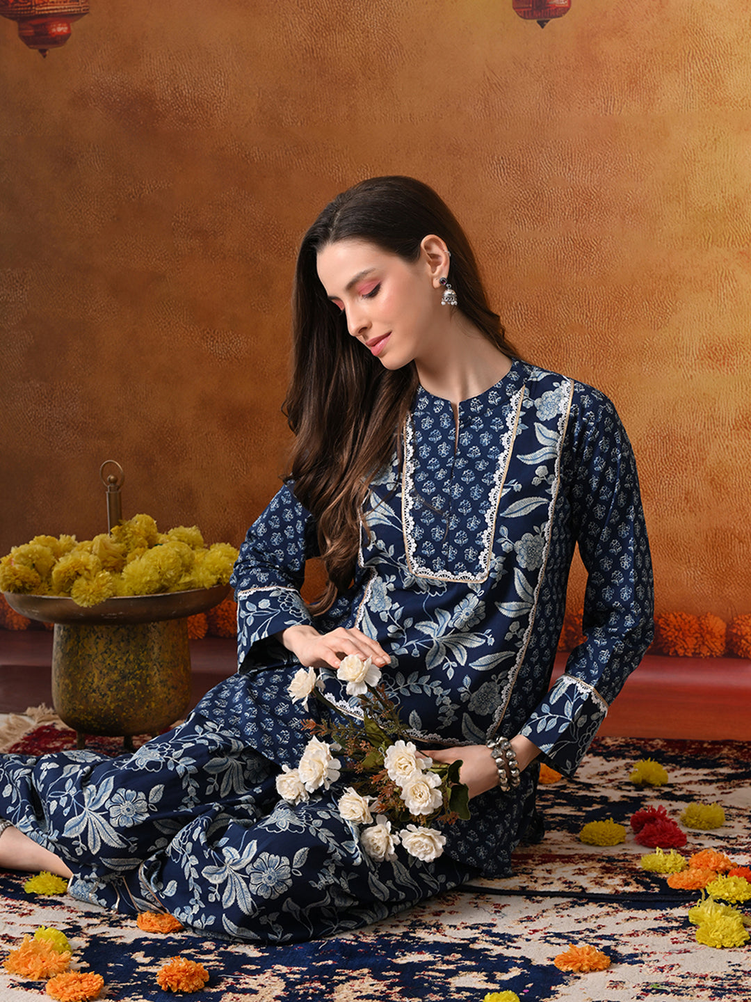 Indigo Blue Floral Print Cotton Farshi Salwar Suit Set