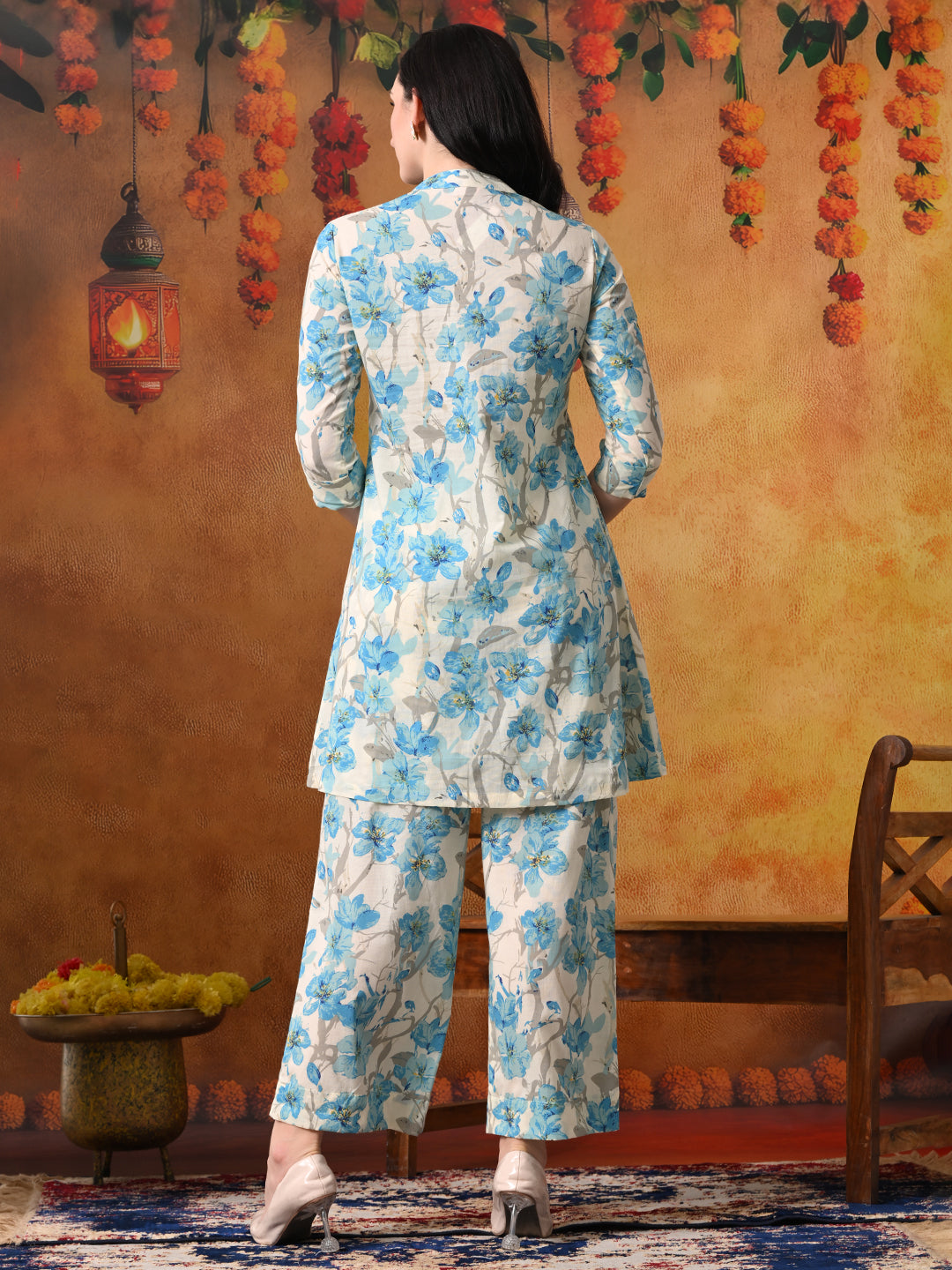 Sky Blue & Ivory Floral Cotton Tunic & Pant Set