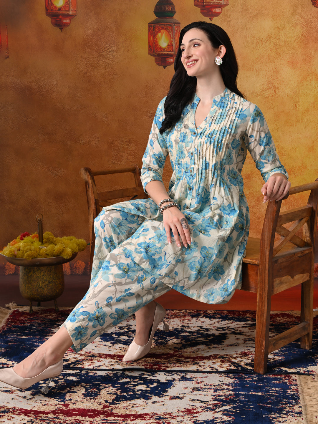 Sky Blue & Ivory Floral Cotton Tunic & Pant Set