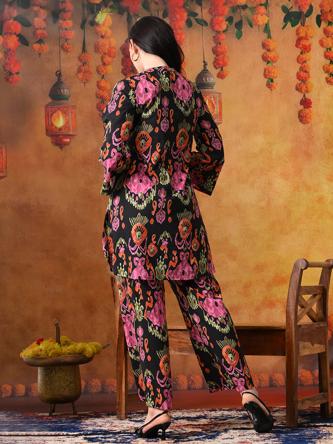 Black & Pink Abstract Floral Print Cotton Co-ord Set"