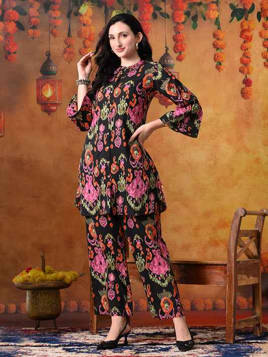 Black & Pink Abstract Floral Print Cotton Co-ord Set"