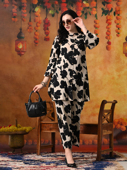 Black & Beige Bold Floral Print Cotton Co-ord Set
