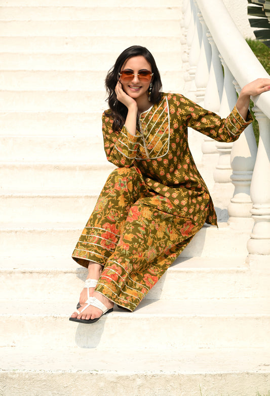 Olive Green Floral Hand-Block Cotton Co-ord Set – Farshi Salwar Ethnic Wear