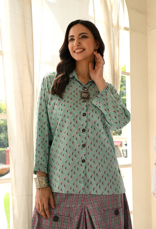 IVES Turquoise & Pink Floral Hand-Block Shirt & Striped Utility Dhoti Co-ord Set