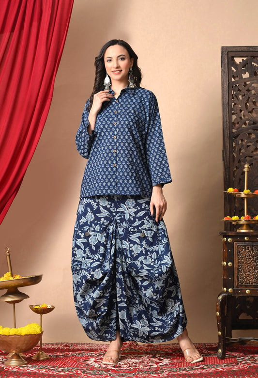 Indigo Blue Printed Cotton Shirt and Draped Dhoti Set