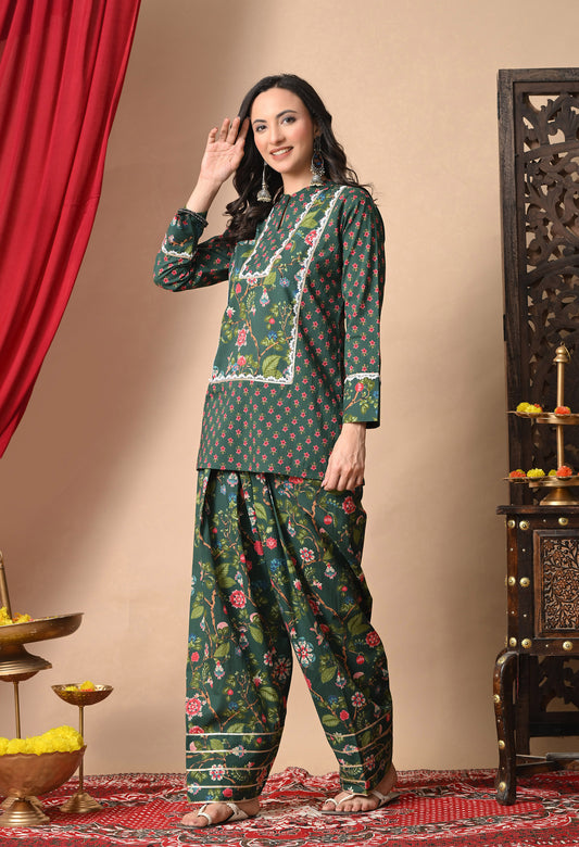 Deep Green Jaal Print Cotton Kurta with Farshi Salwar Set