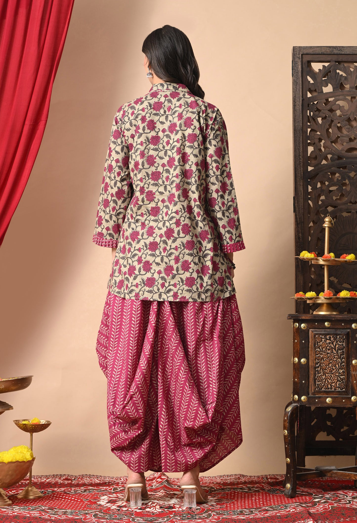 Magenta & Khaki Floral Cotton Co-ord Set with Draped Bottom