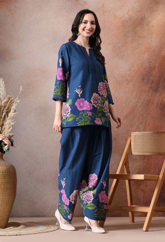Teal Blue Floral Printed Cotton Co-ord Set – Farshi Salwar Ethnic Wear