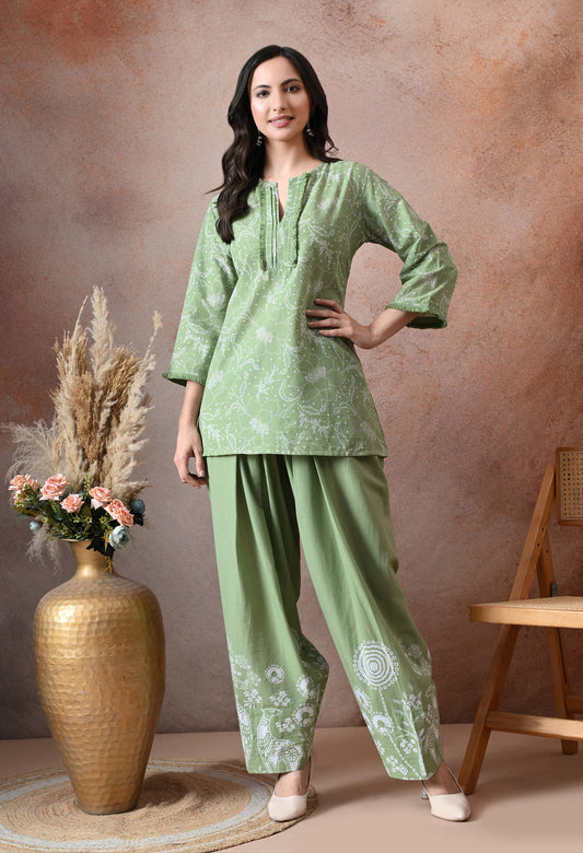Sage Green Floral Printed Cotton Co-ord Set – Farshi Salwar Ethnic Wear