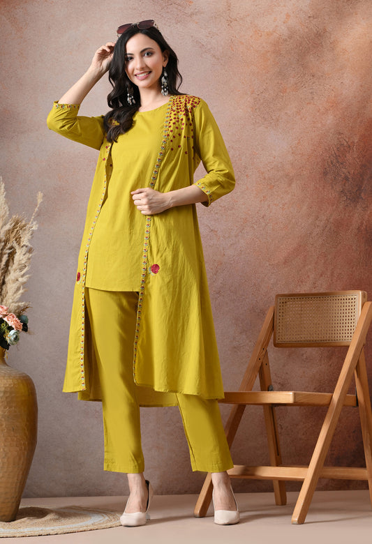 Mustard Bloom Embroidered Cotton Co-ord Set – Three-Piece Jacket & Pant Set