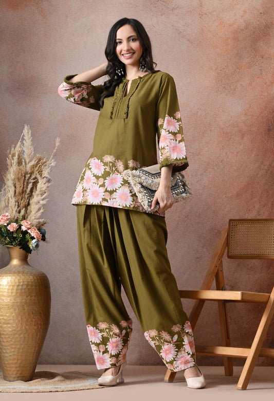 Mehndi Green Floral Printed Cotton Co-ord Set – Farshi Salwar Ethnic Wear