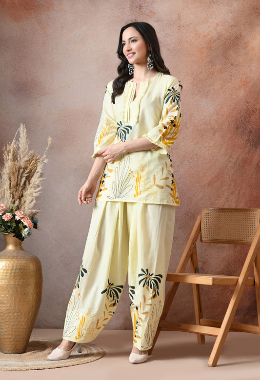 Pale Yellow Floral Printed Cotton Co-ord Set – Farshi Salwar Ethnic Wear