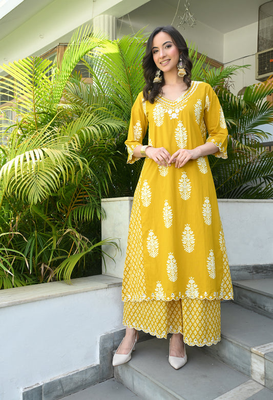 Mustard Yellow Floral Hand-Block Longline Tunic & Wide-Leg Trouser Set