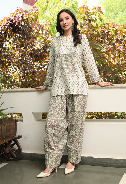 White Floral Hand-Block Printed Cotton Co-ord Set – Farshi Salwar Ethnic Wear
