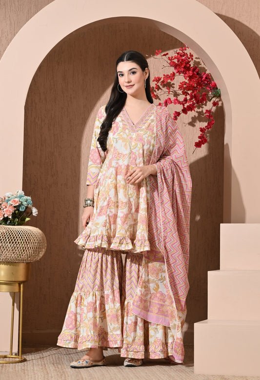 Pastel Petals Premium Cotton Sharara Suit