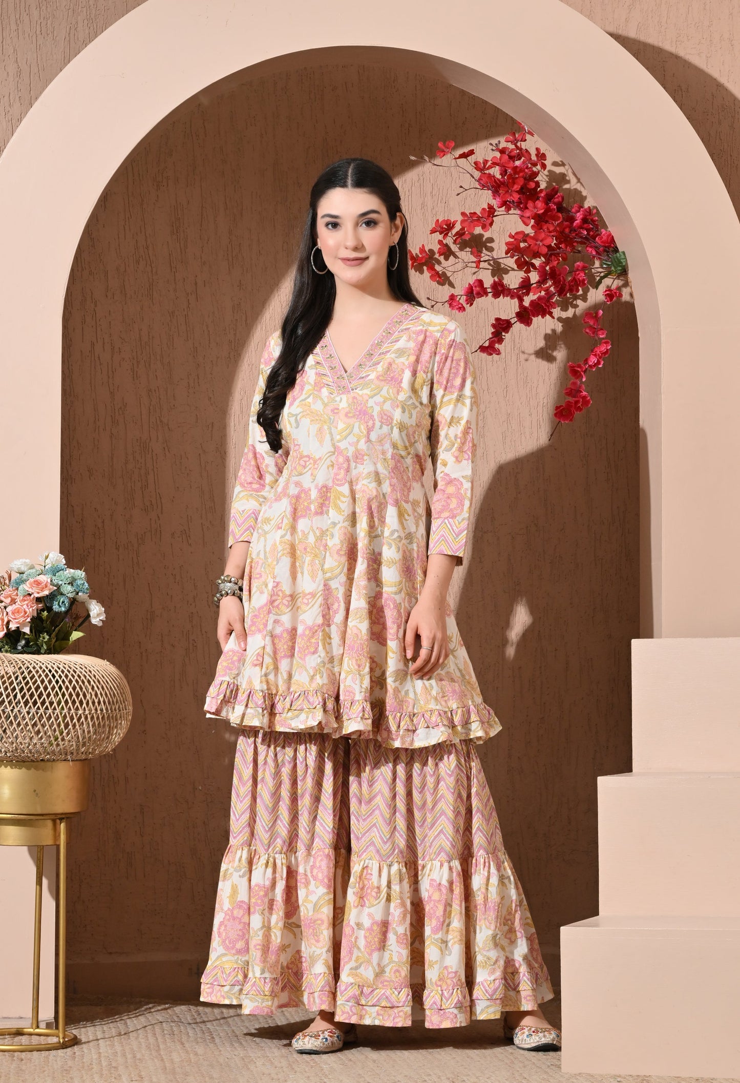 Pastel Petals Premium Cotton Sharara Suit