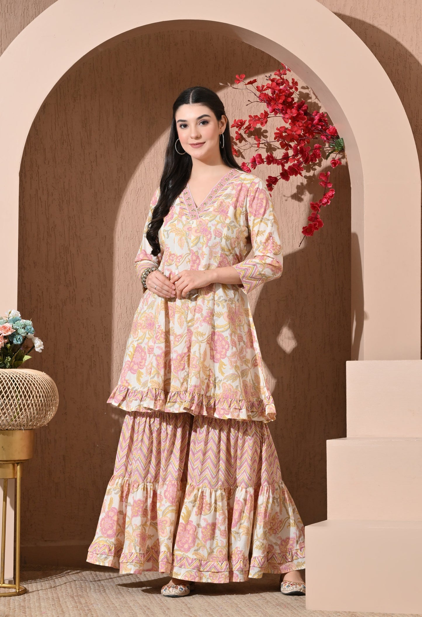 Pastel Petals Premium Cotton Sharara Suit