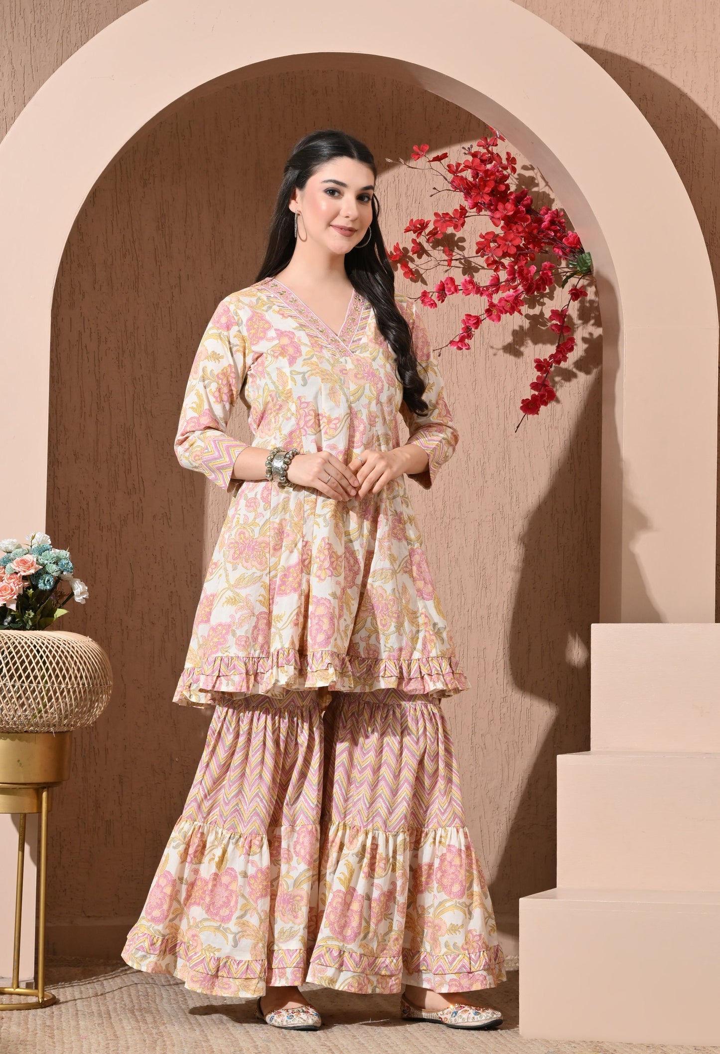 Pastel Petals Premium Cotton Sharara Suit