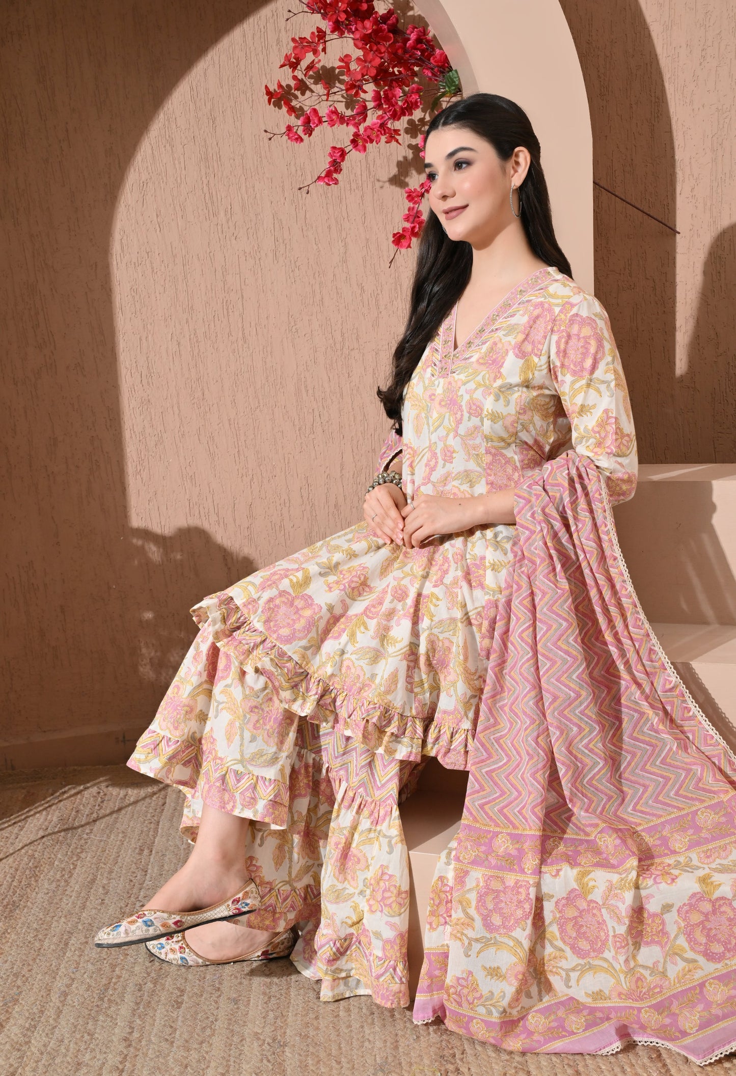 Pastel Petals Premium Cotton Sharara Suit