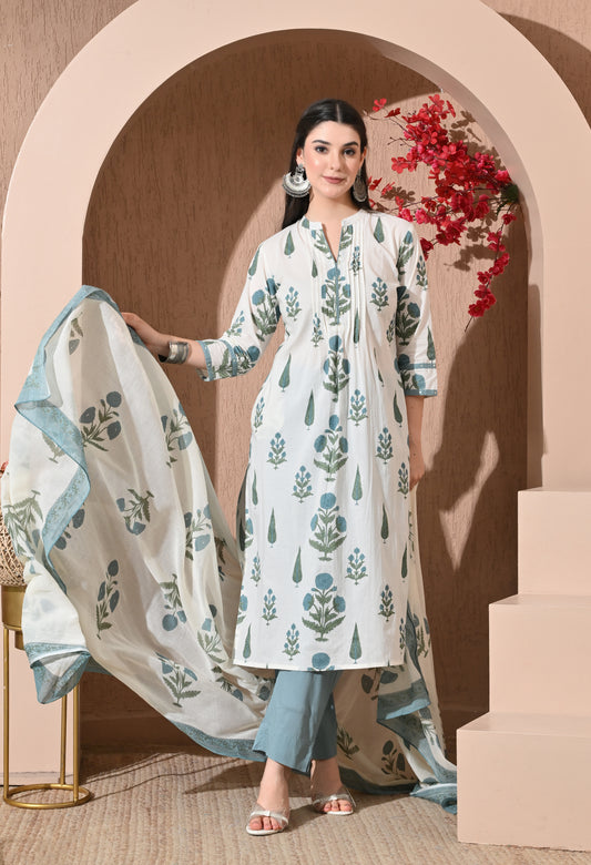 Teal Bloom Premium Cotton Suit Set