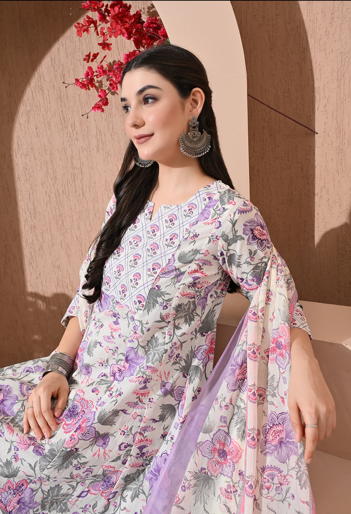 Lavender Meadow Cotton Anarkali Suit Set