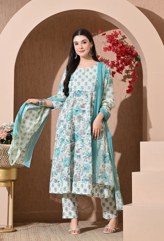 Turquoise Breeze Premium Cotton Anarkali Set